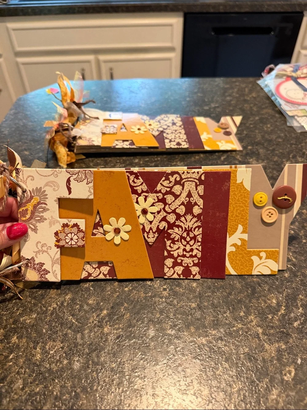 Decorative  FAMILY scrapbook with Buttons - Mustard, Maroon, Beige